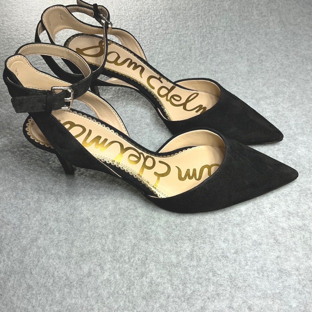 Sam Edelman Jelena Black Suede Ankle Strap Kitten Heel Pumps 7.5M - Picture 2 of 8